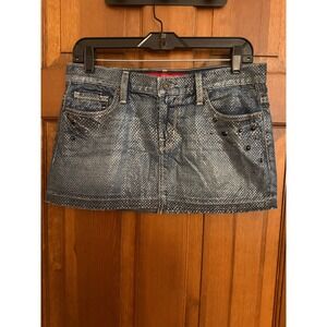 VTG Guess Denim Mini Skirt Womens Size 27 Blue Scales Embellished Y2K